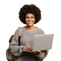A young woman with an Afro hairstyle and glasses, smiling and looking at the camera, holding a silver laptopwith a , backpack on her shoulders, isolated on a white background