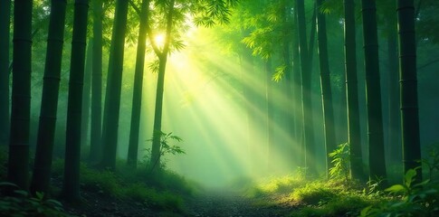 Obraz premium Serene bamboo forest bathed in morning sunlight, mist clinging to the leaves, creating a mystical atmosphere Perfect for meditation, tranquility, and zen themes , japan, spiritual