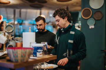 Two young men are seen conversing in a cozy lounge bar setting. The scene depicts a warm and...