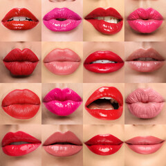 Women's lips with lipsticks of different shades, collage