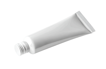 White plastic tube, likely for a cosmetic or skincare product.  Empty, angled view