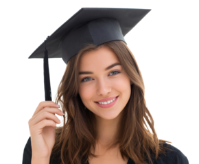 A smiling graduate celebrates her achievement in a cap and gown with a joyful expression.