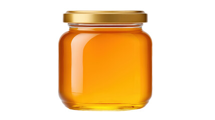 Glass jar of golden honey with lid, photorealistic PNG isolated on transparent background, natural soft lighting.