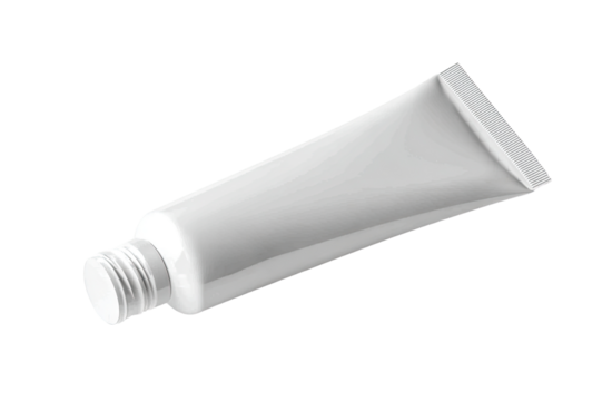 White plastic tube, likely for a cosmetic or skincare product.  Empty, angled view