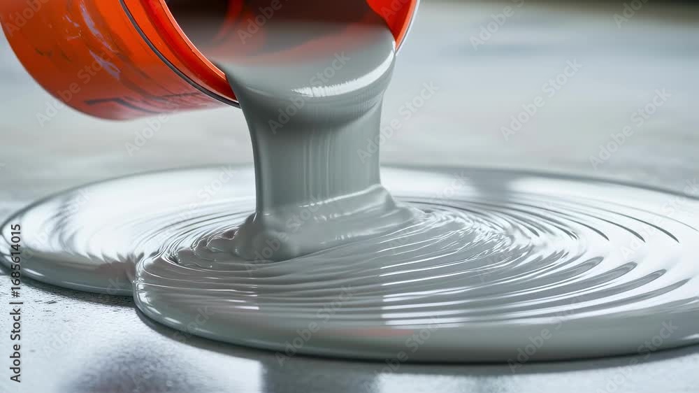 Poster Slowmotion capture of liquid floor leveling material flowing seamlessly from a bucket highlighting viscosity and smooth consistency.