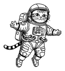 Obraz premium Cute Cat with Astronaut Costume Floating in Outer Space Front View Black and White Outline Line Art Drawing