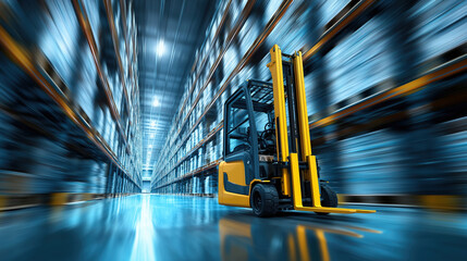 Warehouse forklift navigates narrow aisles in a bustling storage facility