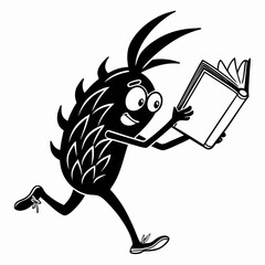 Pinecone character running while reading a book with a cheerful expression in black and white illustration vector illustration