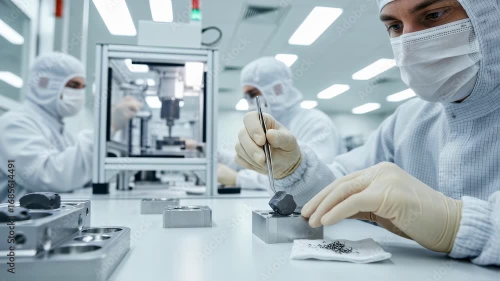 Poster cleanroom environment with technicians assembling rareearth magnet components postsintering and mach