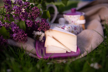 Slices of hard white cheese served on a purple plate with lilac flowers and rustic fabric, outdoor spring picnic setting.