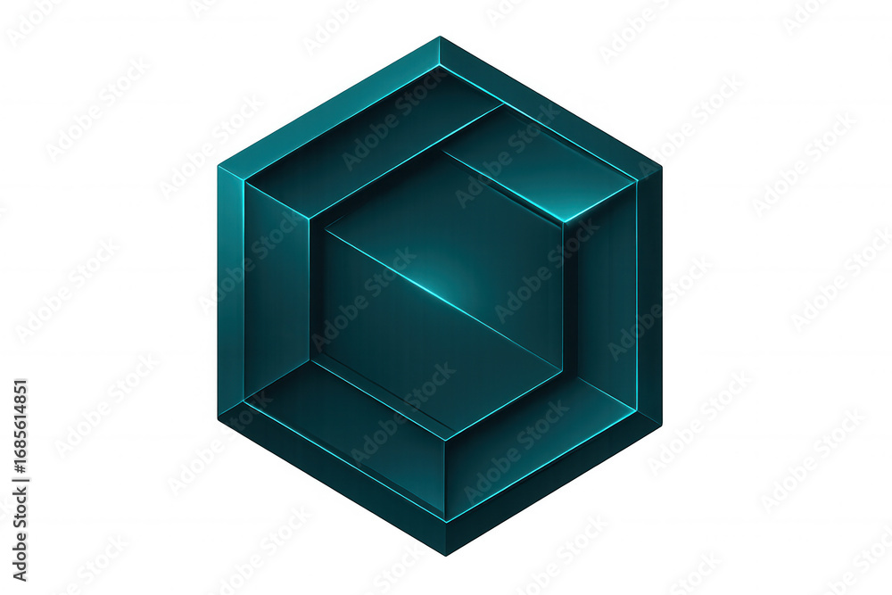 Poster teal hexagon showing a three dimensional shape with a transparent background, perfect for technology