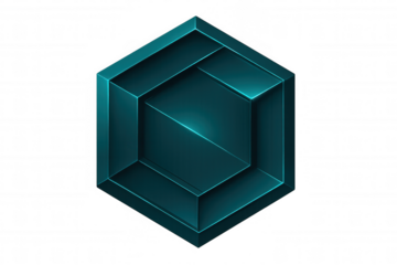 Teal hexagon showing a three dimensional shape with a transparent background, perfect for technology and futuristic designs