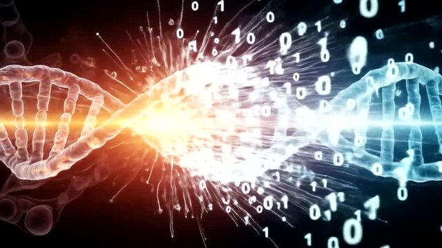 Futuristic dna helix with binary code animation representing science and technology - Powered by Adobe