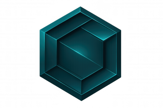Teal hexagon showing a three dimensional shape with a transparent background, perfect for technology and futuristic designs