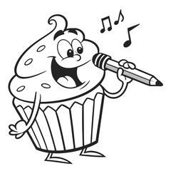 Cartoon cupcake character singing into a pencil microphone with music notes floating above it in black and white vector illustration