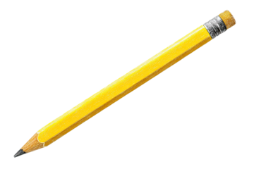 A bright yellow pencil angled diagonally.  The pencil is depicted with a textured, slightly tapered form, a graphite lead tip, and a visible eraser cap