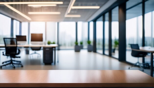 blurred background of a modern office interior bright and spacious corporate workspace with empty desks large windows and clean minimalist design abstract bokeh effect with copy space