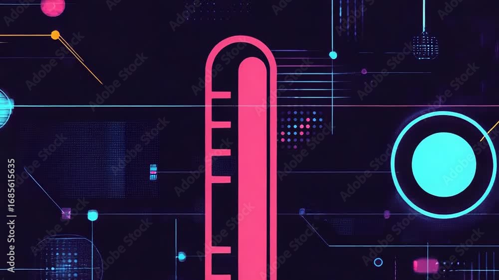 Poster digital thermometer icon connecting data points in futuristic network visualization