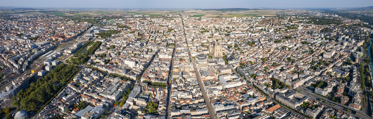 An aerial panorama view around the old town in the city Reims in France on a sunny day in early spring