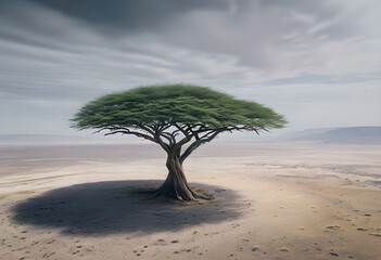 solitary acacia tree with umbrella canopy in a vast arid landscape under overcast sky