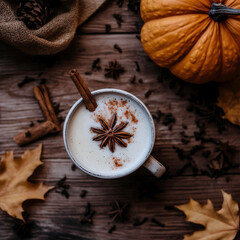 Flat lay of a warm chai latte with star anise, cinnamon stick, and a small pumpkin on a wooden table with dried leaves scattered soft window light, autumn color scheme, simple and inviting 