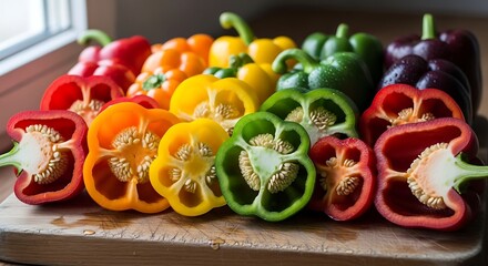 Vibrant rainbow bell peppers halved and arranged on a wooden surface in natural light