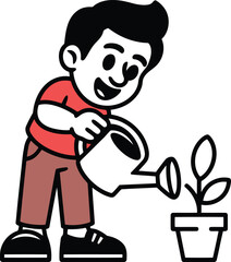 Cartoon Boy Watering Plant with Watering Can in Garden with Care and Attention