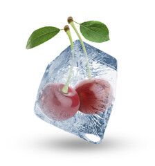 Fresh cherries in clear ice cube isolated on white