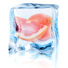 Fototapeta premium Fresh grapefruits inside ice cube on white background