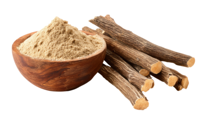 Light beige powder in wooden bowl, alongside several light brown root sticks