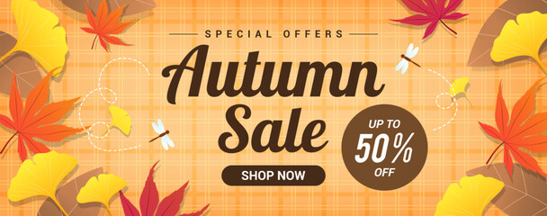 Autumn Sale 50% discount banner design vector illustration. Autumn leaves on orange tartan pattern background