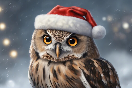 A cute owl wearing a festive Christmas hat, perched calmly in a winter setting, capturing the cozy charm of the holiday season. Generative AI