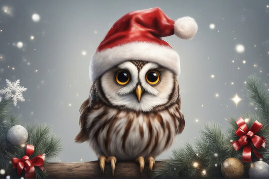 A cute owl wearing a festive Christmas hat, perched calmly in a winter setting, capturing the cozy charm of the holiday season. Generative AI