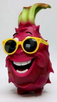 Eine rote Drachenfrucht mit Comic-Gesicht, lachend, mit Armen und Beinen in lustiger Pose &ndash; dargestellt auf wei&szlig;em Hintergrund.