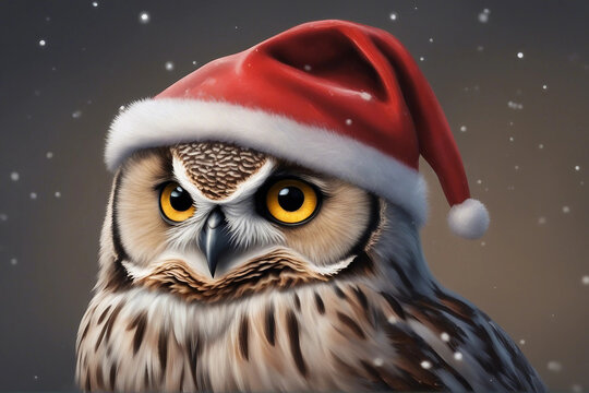 A cute owl wearing a festive Christmas hat, perched calmly in a winter setting, capturing the cozy charm of the holiday season. Generative AI