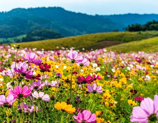 Vibrant cosmos flowers field, hills in the background