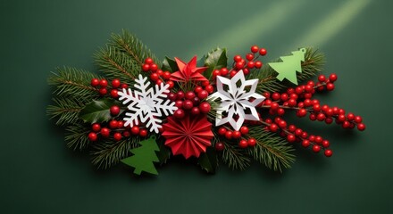 Festive Christmas Decoration With Holly Berries Snowflakes Pine Sprigs And Green Trees On Dark Green Background