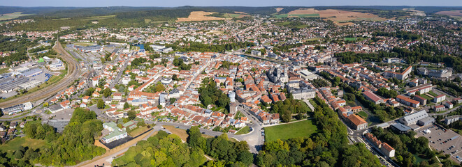 An aerial panorama view around the old town in the city Verdun in France on a sunny day in early spring