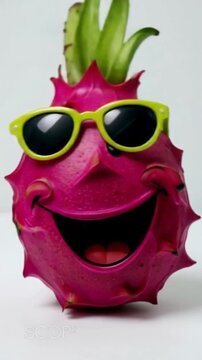 Eine rote Drachenfrucht mit Comic-Gesicht, lachend, mit Armen und Beinen in lustiger Pose &ndash; dargestellt auf wei&szlig;em Hintergrund.