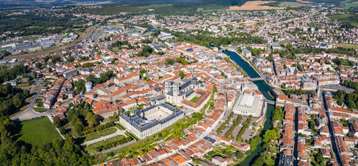An aerial panorama view around the old town in the city Verdun in France on a sunny day in early spring