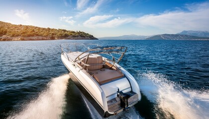 close up of boat speeding on water creating splash sunny day