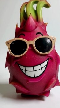 Eine rote Drachenfrucht mit Comic-Gesicht, lachend, mit Armen und Beinen in lustiger Pose &ndash; dargestellt auf wei&szlig;em Hintergrund.