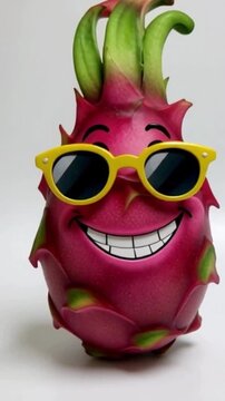 Eine rote Drachenfrucht mit Comic-Gesicht, lachend, mit Armen und Beinen in lustiger Pose &ndash; dargestellt auf wei&szlig;em Hintergrund.