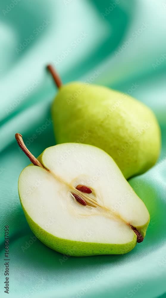 Poster fresh green pear halved on soft fabric background with textured surface