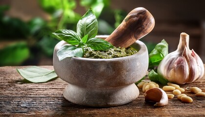 preparing pesto genovese sauce with mortar and pestle on rustic table