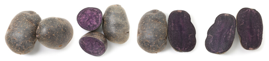 Raw purple potatoes isolated on white, collage