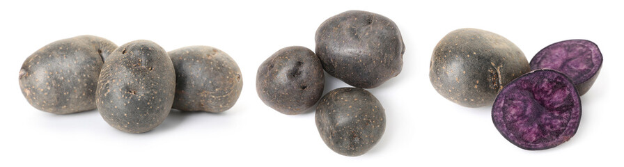 Raw purple potatoes isolated on white, collage