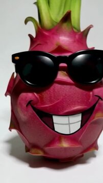 Eine rote Drachenfrucht mit Comic-Gesicht, lachend, mit Armen und Beinen in lustiger Pose &ndash; dargestellt auf wei&szlig;em Hintergrund.