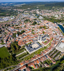 An aerial panorama view around the old town in the city Verdun in France on a sunny day in early spring