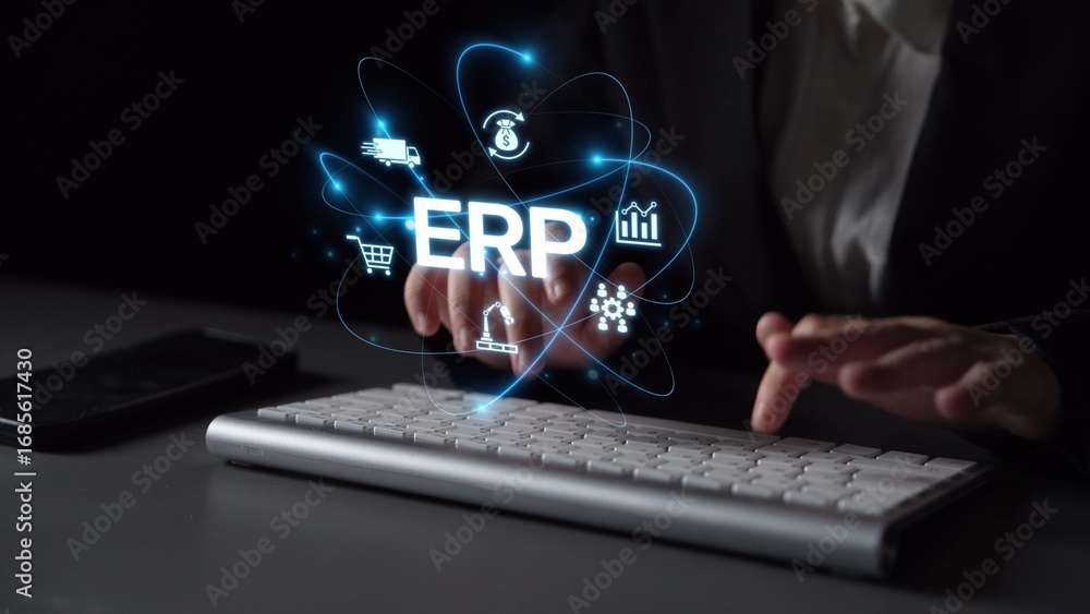 Poster erp platform visual showing centralized system for enterprise resource planning, improving integrati